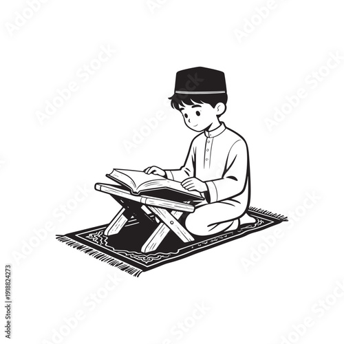 Muslim Boy Reading Quran on Prayer Mat