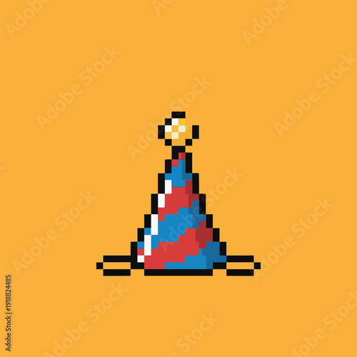 pixel art festive party hat with red and blue stripes and a yellow pom-pom.
