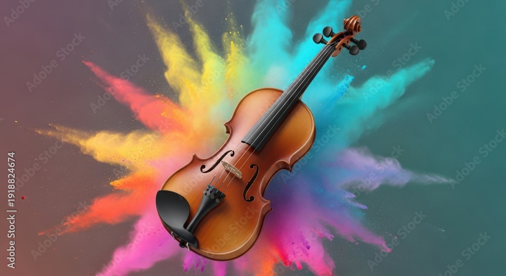 Fototapeta premium Violin with Colorful Powder Explosion Background musical instrument
