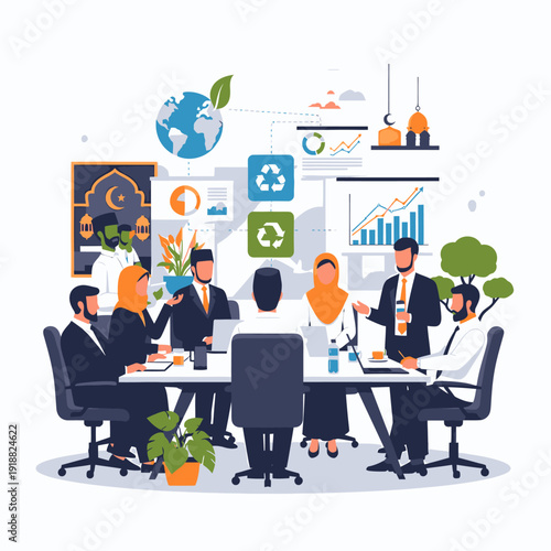 Diverse team discussing business sustainability goals.