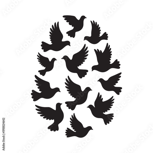 A flock of black birds possibly doves arranged in an oval shape