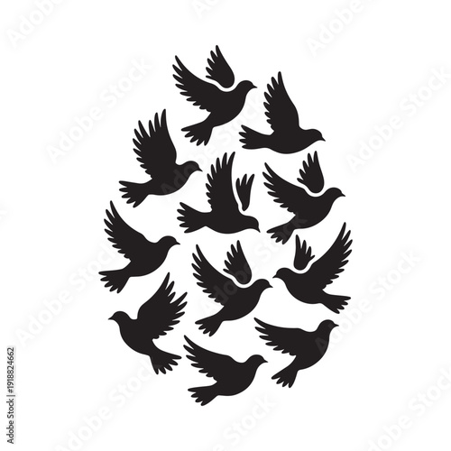A flock of black birds possibly pigeons or doves silhouetted in flight