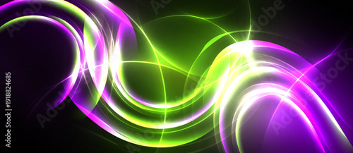 Abstract vibrant swirls, purple, green, white. Dynamic energy radiates from flowing lines, creating luminous patterns. Modern design.