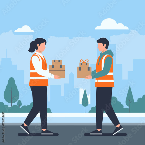Two people in safety vests exchanging packages on a city street.
