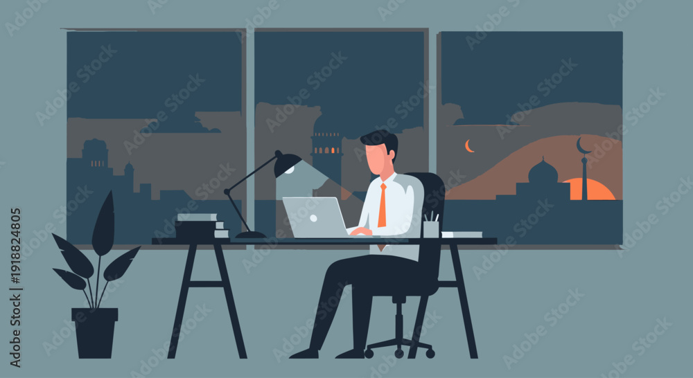 Fototapeta premium Man working late at office desk.