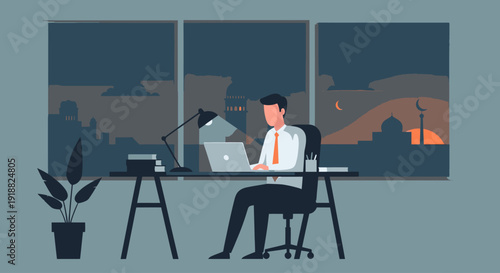 Man working late at office desk.