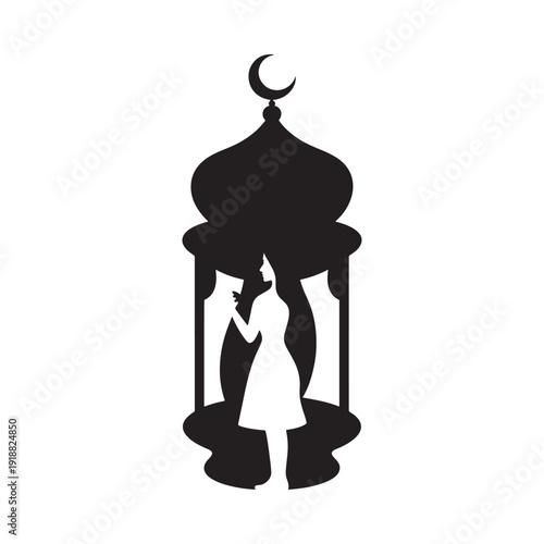 Elegant black silhouette of a traditional islamic lantern with a woman inside