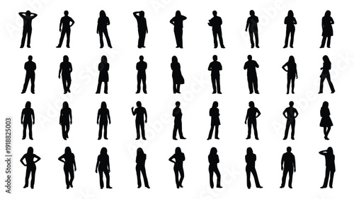 Diverse silhouettes of people in various poses and activities isolated on white background, Vector