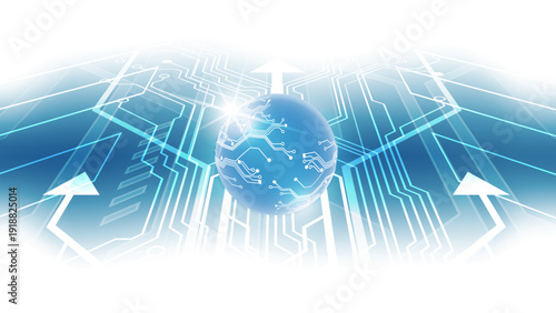 Global Data Distribution Concept: Futuristic Blue Circuit Globe with Directional White Arrows