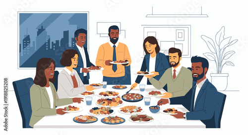 Diverse group of colleagues enjoying lunch together in office.