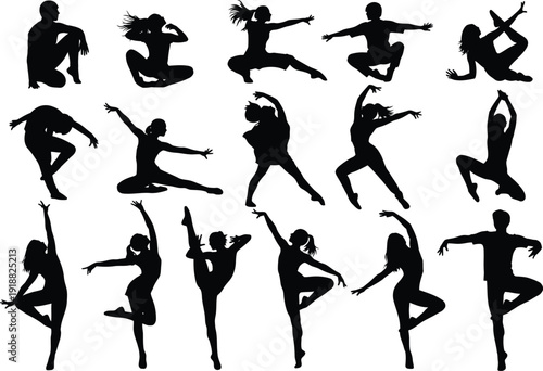Dynamic ballet dancer silhouettes in various poses, capturing grace and movement