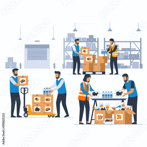 Warehouse workers handling boxes and packages.