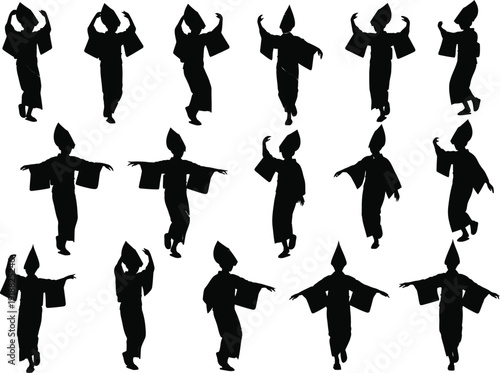 Japanese kimono dancer silhouettes in motion, representing traditional Japanese culture