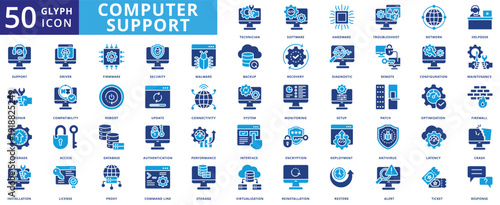 computer support icon pack flat contains technician, software, hardware, troubleshoot, network, helpdesk, repair, upgrade, installation, maintenance, recovery, backup, security, setup, antivirus