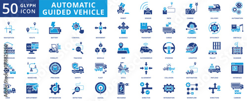 automatic guided vehicle icon pack flat contains robot, sensor, path, charge, delivery, automation, navigation, conveyor, efficiency, obstacle, control, movement, guidance, autonomous, driver, ai