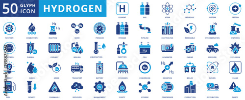 hydrogen icon pack flat contains proton, element, gas, atom, molecule, isotope, neutron, electron, energy, fuel, combustion, reaction, boiling, industry, energy, green, renewable, sustainable