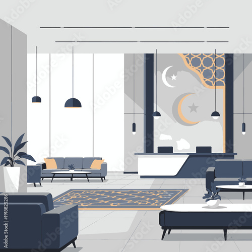 Modern interior design of a hotel lobby with Ramadan decorations.