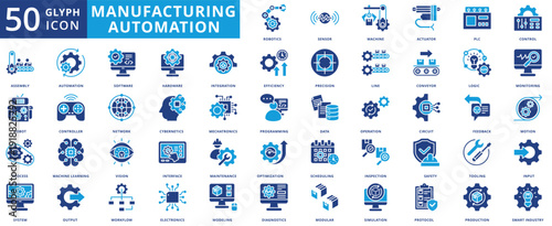 manufacturing and automation icon pack flat contains robotics, circuit, line, process, mechatronics, machine learning, plc, workflow, operation, production, optimization, maintenance, efficiency