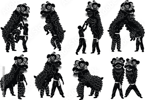 Collection of diverse lion dance poses performed by artists, showcasing dynamic movements and traditional cultural celebration.