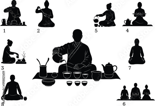 Serene illustration of a traditional Chinese tea ceremony with a monk preparing and serving tea, depicting ritual and mindfulness.
