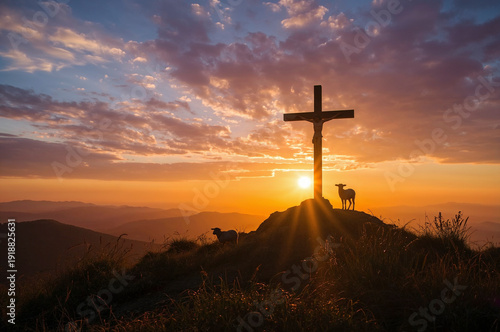 Jesus christ crucifixion cross and sheep at sunset