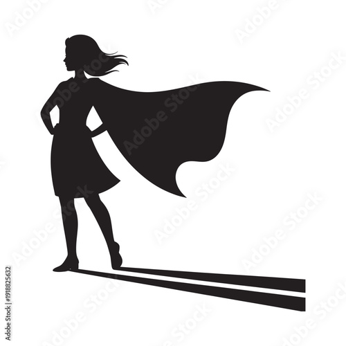 Silhouette of a woman posing as a superhero with a flowing cape
