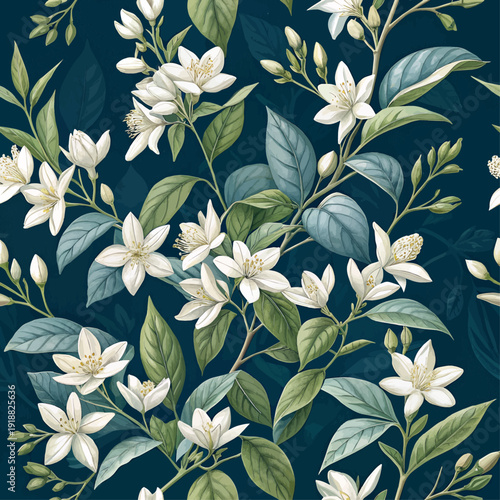 High-resolution, seamless pattern of white jasmine flowers with green leaves on a dark blue background. Designed for fabric printing.