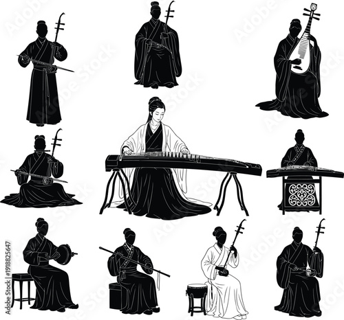 Set of black and white silhouettes featuring traditional Chinese musicians performing on various string and percussion instruments.