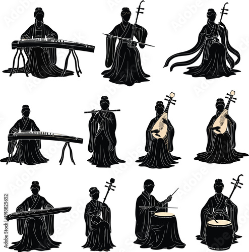 Collection of silhouettes of traditional Chinese musicians playing various ancient instruments, showcasing classical Asian music and culture.