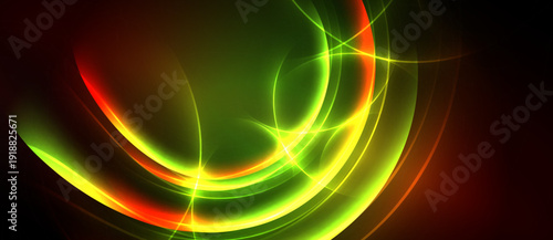 Abstract vibrant swirls, luminous curves, dynamic energy. Green, yellow, red hues blend into dark background. Modern design.