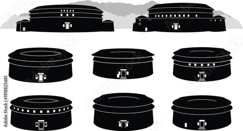 Set of silhouette icons depicting ancient Chinese circular buildings, architectural structures with historical significance.