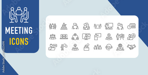 Meeting and Conference Outline Icon Set Business Team Discussion Presentation Video Call Workshop Symbols