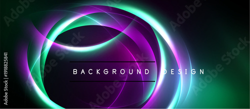 Abstract design features glowing curves, vibrant colors. Dark background enhances luminosity, creating dynamic visual effect. Text reads background design.