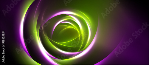 Abstract swirls, vibrant green, purple hues. Dynamic light effects create flowing energy, modern design. Smooth gradients, captivating visual.