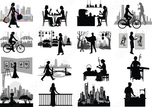 Diverse silhouette scenes of urban and cultural life in Asia, showcasing people cycling, shopping, dining, and enjoying arts.