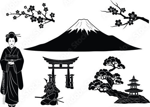 Japanese cultural icons in silhouette, featuring Mount Fuji, geisha, samurai, torii gate, bonsai tree, and cherry blossoms.