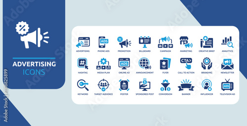 Modern Advertising and Digital Marketing Icon Set Blue Business Promotion Media Strategy Symbols Collectio