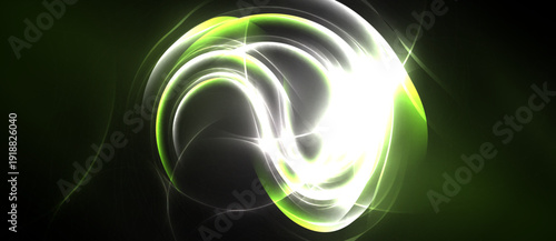 Bright abstract swirls, luminous energy flows. Green gradients meet white light, creating dynamic visual effect. Dark background emphasizes glow.