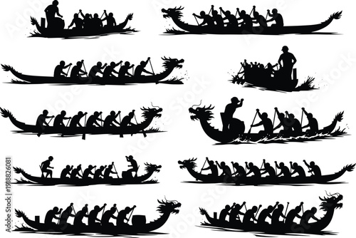 Vector illustrations of dragon boat teams racing, showcasing silhouetted paddlers and dragon-headed boats in motion on white backgrounds.