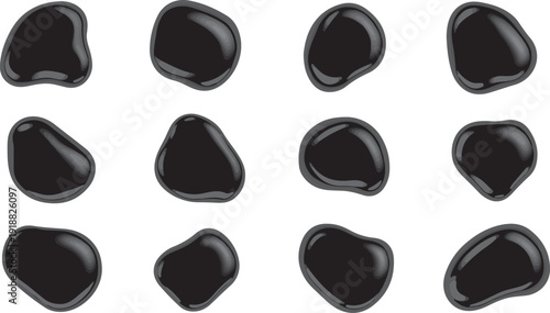 Black glossy liquid blob set. Oil drop and ink stain silhouettes with 3D texture. Vector organic shapes. 