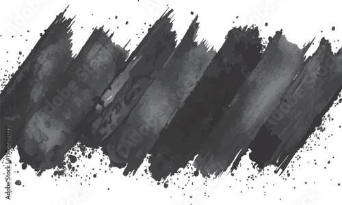 Abstract black watercolor brush stroke background. Grey ink paint smear with splatter texture. Vector wet wash banner.