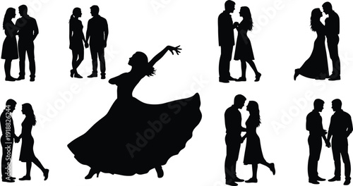 Romantic couple silhouettes set, dancing woman in dress, lovers holding hands, wedding vector illustration, ballroom dance, dating relationship icons, black isolated.