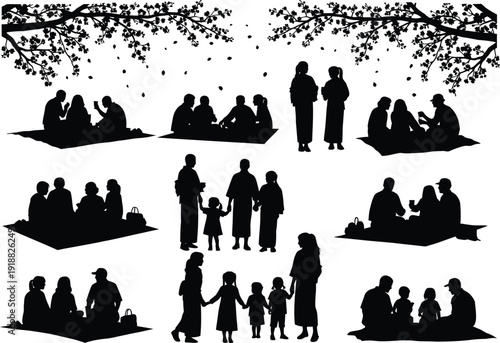 Silhouettes of people enjoying a picnic under blooming cherry blossom trees, capturing moments of family and friendship against a white background.