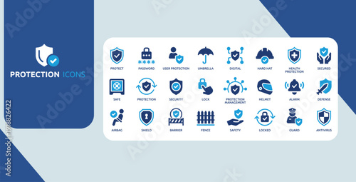 Protection and Security Icon Set Blue Shield Lock Password Safety Antivirus Guard Defense Symbols Collection
