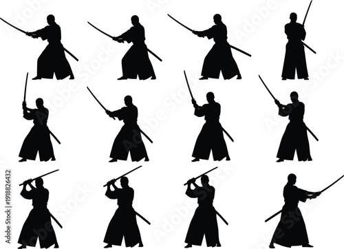 Action-packed silhouette sequence of a kendo practitioner in combat stances, demonstrating sword techniques with a bokken on a clean background.