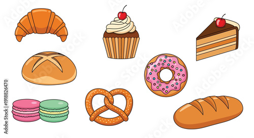 Collection of delicious baked goods icons including a croissant, various breads, a pretzel, macarons, a cupcake, a donut, and a slice of cake