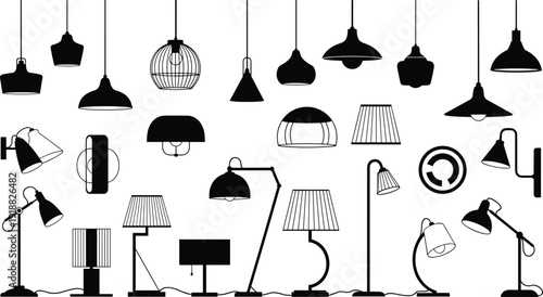 Set of modern lamp silhouettes, pendant lights, desk lamps, floor lighting icons, interior design elements, hanging chandeliers, furniture vector illustration, black.