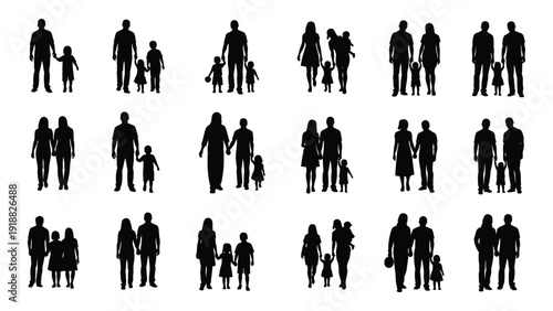 A diverse collection of black silhouettes depicting various family units and individuals isolated on white background, Vector