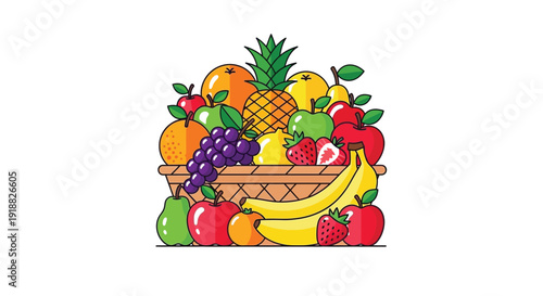 Abundant flat design illustration showcasing a delightful woven basket overflowing with a vibrant assortment of fresh colorful tropical and temperate fruits