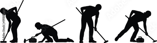 Curling athlete silhouette set sweeping ice with broom and stone in different positions, isolated on white background. Winter sport action collection for training and competition.
